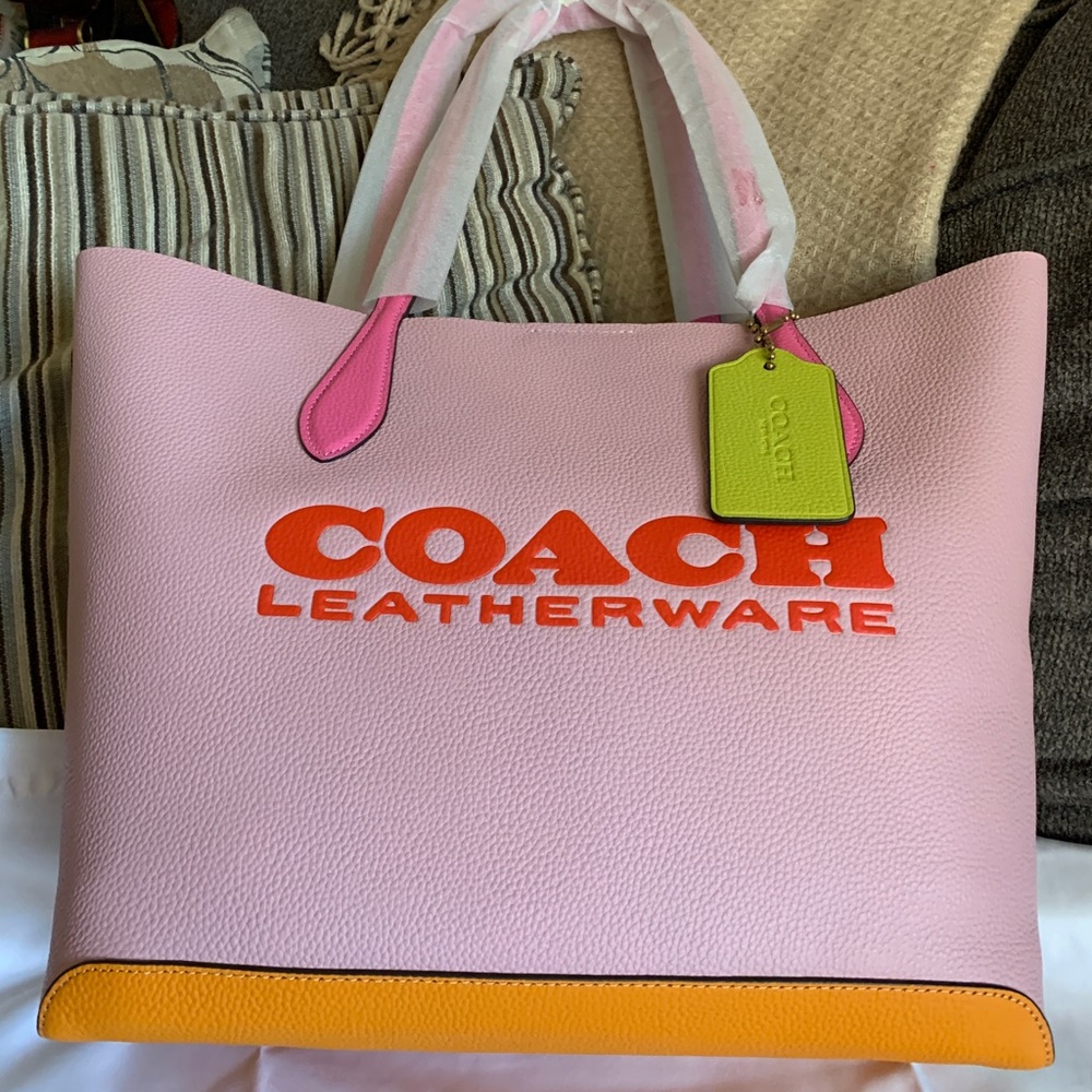 SOLD⛔️Authentic COACH Colorblock Pebbled natural leather snap Logo large tote - Picture 1 of 16